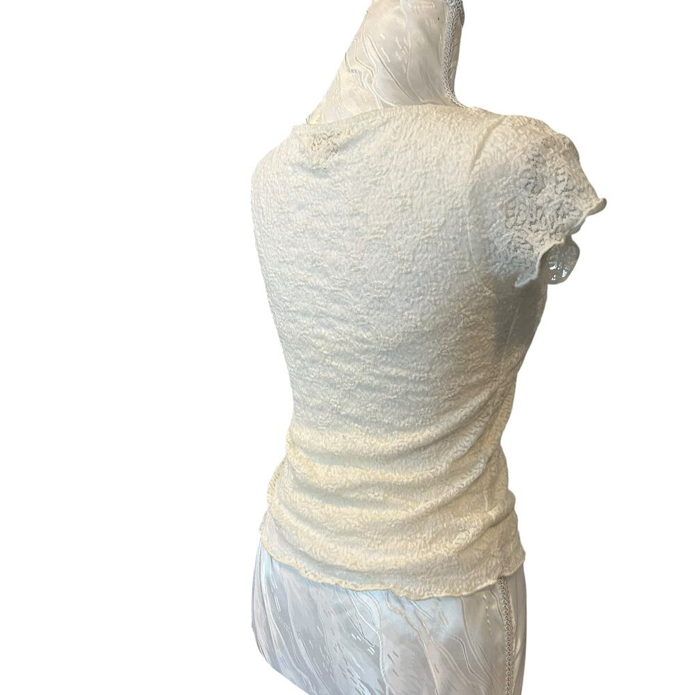Cream Lace Fitted Scoop Neck Cap Sleeve Tassel Top XS - Picture 12 of 16